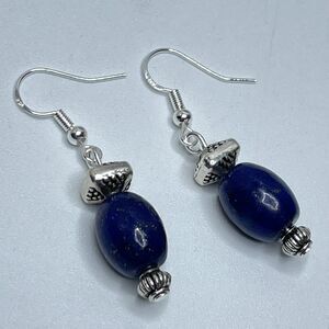 Artisan Silver Plated Blue Lapis Lazuli Stone Beaded Dangle Earrings Boho Cute